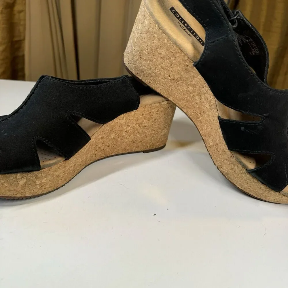 Clarks Sandals Womens Sz 7 M Annadel Bari Platform Wedge Slingback Black Cork